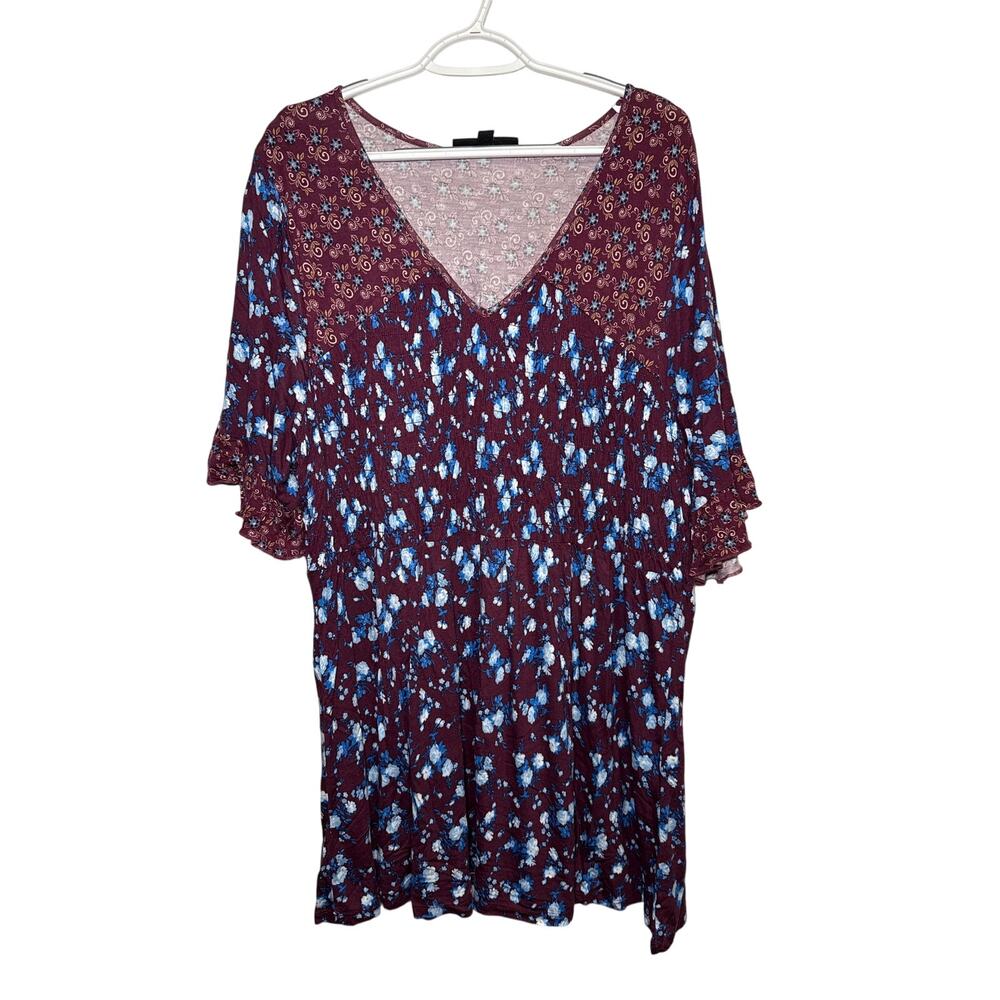 Chelsea Studio smocked flowy v neck multi media top womens 1X peasant cottage‎